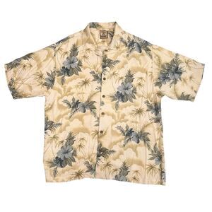 Tommy Bahama Shirt Men’s Large Beige Floral Silk Camp Button Up Marlin Tiki